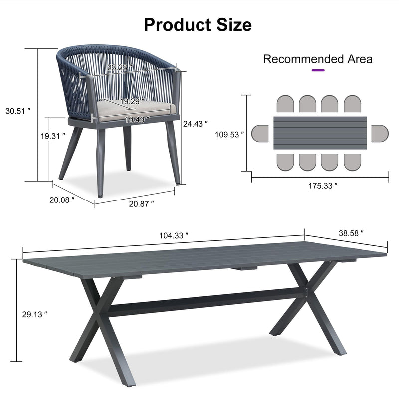 PURPLE LEAF Outdoor Dining Table Set All-Weather Aluminum with Wood Grain Table and Rope Woven Chairs Includes Backyard Patio Cushions