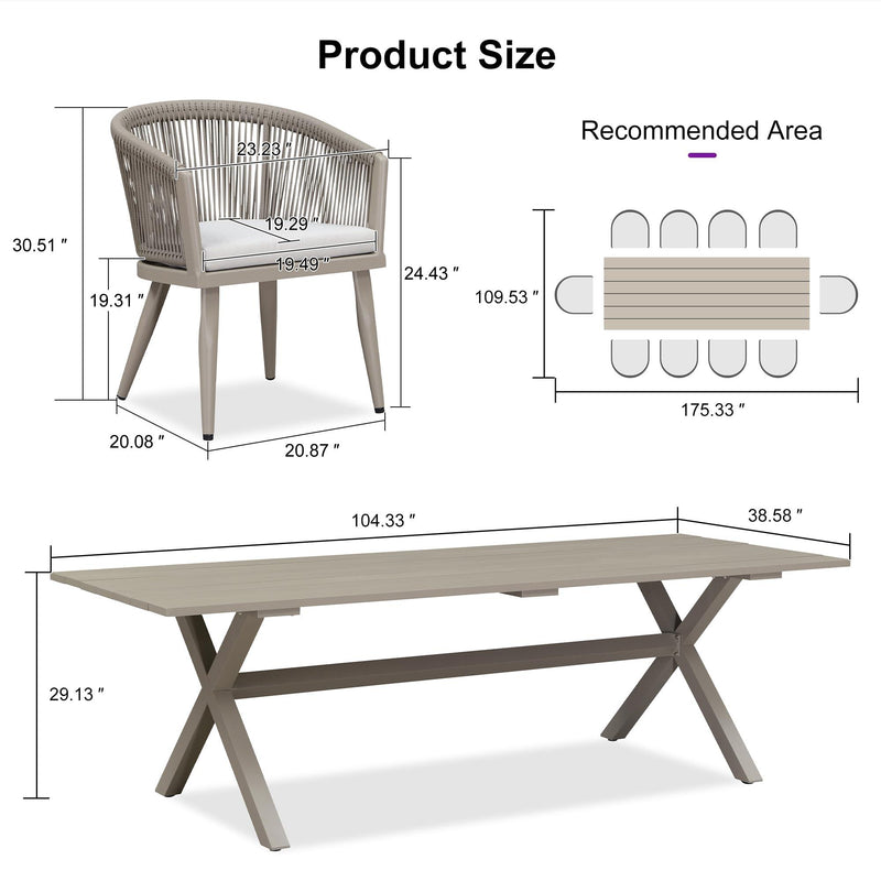 PURPLE LEAF Outdoor Dining Table Set All-Weather Aluminum with Wood Grain Table and Rope Woven Chairs Includes Backyard Patio Cushions