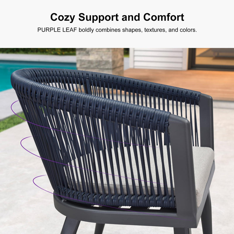 PURPLE LEAF Outdoor Dining Table Set All-Weather Aluminum with Wood Grain Table and Rope Woven Chairs Includes Backyard Patio Cushions