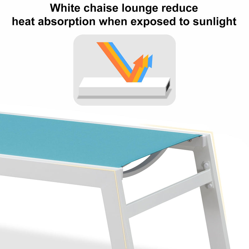 PURPLE LEAF Outdoor Chaise Lounge Chairs Set of 2 White Aluminum Lounge Chair Five-Position Adjustable Chaise with Wheels and Table for Pool Deck Patio
