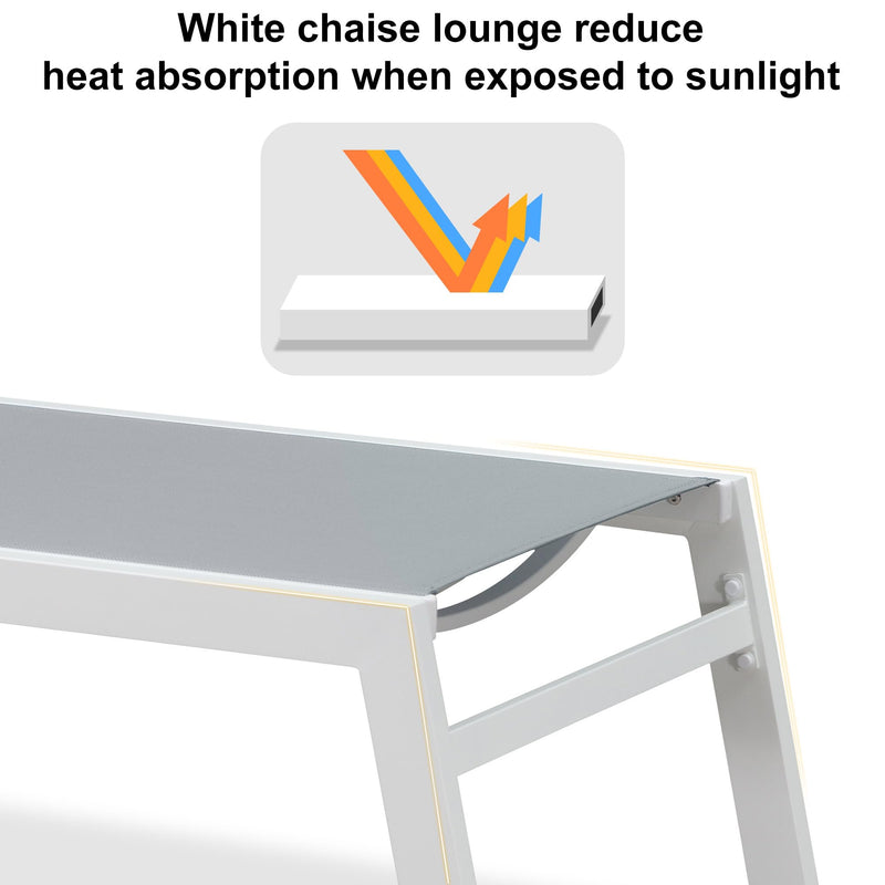 PURPLE LEAF Outdoor Chaise Lounge Chairs Set of 2 White Aluminum Lounge Chair Five-Position Adjustable Chaise with Wheels and Table for Pool Deck Patio