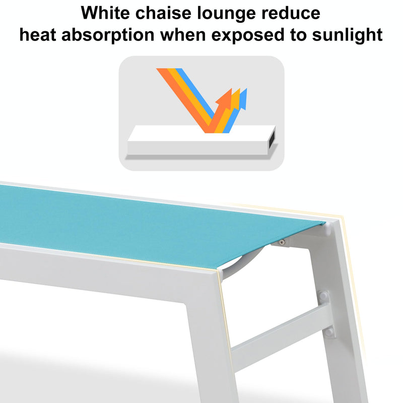 PURPLE LEAF Outdoor Chaise Lounge Chairs Set of 2 White Aluminum Lounge Chair Five-Position Adjustable Chaise with Wheels and Table for Pool Deck Patio