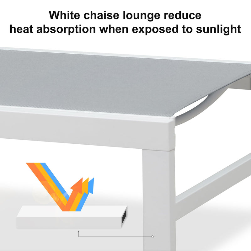 PURPLE LEAF Outdoor Chaise Lounge Chairs Set of 2 White Aluminum Lounge Chair Five-Position Adjustable Chaise with Wheels and Table for Pool Deck Patio