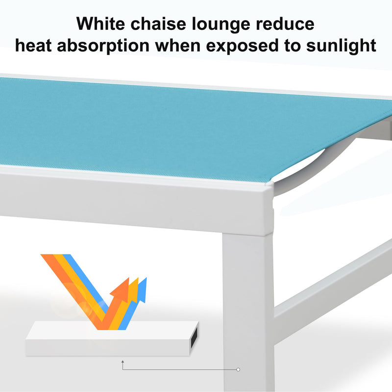 PURPLE LEAF Outdoor Chaise Lounge Chairs Set of 2 White Aluminum Lounge Chair Five-Position Adjustable Chaise with Wheels and Table for Pool Deck Patio