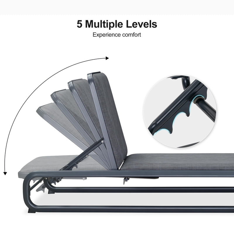 PURPLE LEAF Chaise Lounge Chair Recliner Outdoor for Patio Poolside w/Slide-Out Side Table with Cushion Adjustable Backrest 2 Pieces Grey