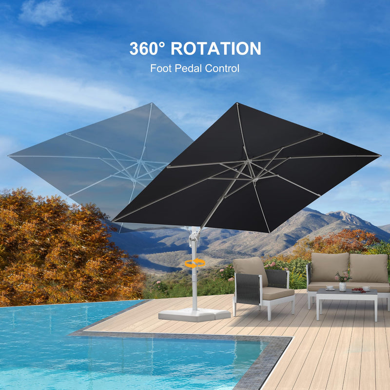 The PURPLE LEAF White Economy Patio Umbrella crank system makes it easy to adjust the canopy height and angle. Simply step on the foot pedal and twist the umbrella pole to rotate 360° horizontally, as well as simply slide the handle up and down to adjust the height in 5 positions, which can shade the sunlight in any direction.