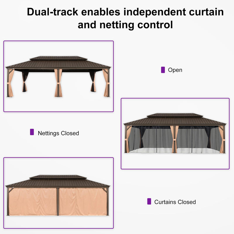 PURPLE LEAF Outdoor Hardtop Gazebo for Garden Bronze Double Roof Aluminum Frame Pavilion with String Lights