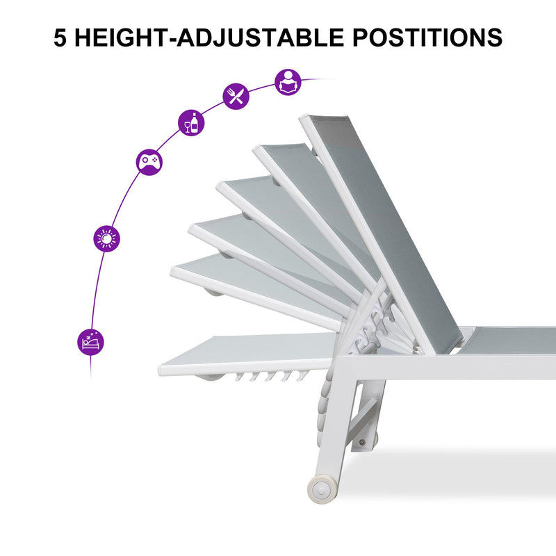 PURPLE LEAF Outdoor Chaise Lounge Chairs Set of 2 White Aluminum Lounge Chair Five-Position Adjustable Chaise with Wheels and Table for Pool Deck Patio