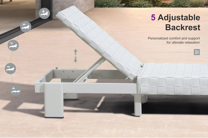White chaise lounge with 5 adjustable backrest positions, outdoor patio furniture for relaxation.