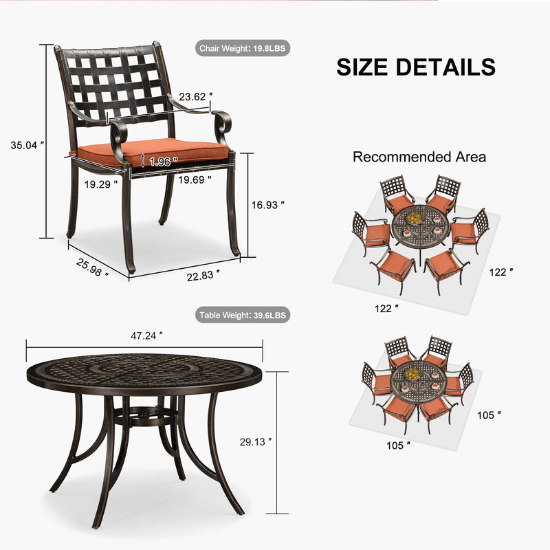 PURPLE LEAF Cast Aluminum Patio Dining Armchairs and Round Table | Rhombus and Square Lattice Designs