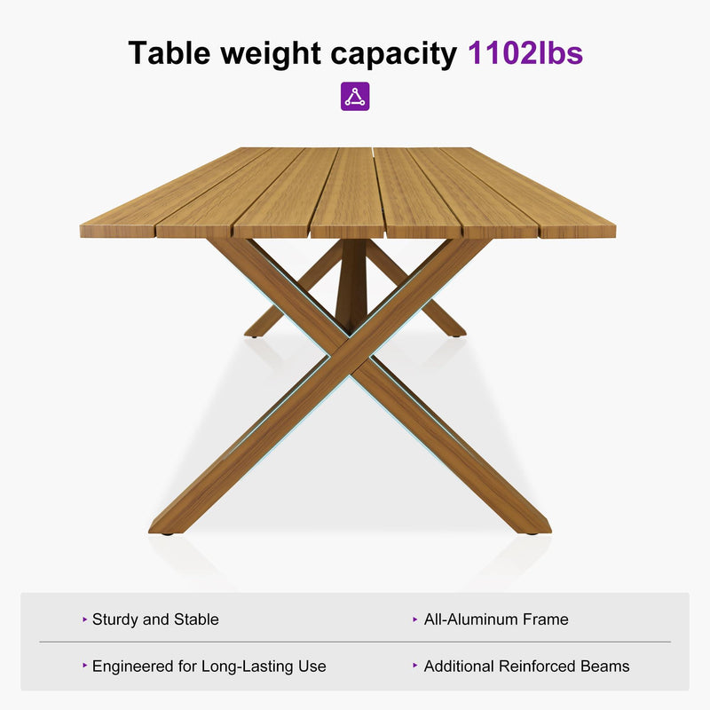 PURPLE LEAF Outdoor Dining Table Set All-Weather Aluminum with Wood Grain Table and Rope Woven Chairs Includes Backyard Patio Cushions