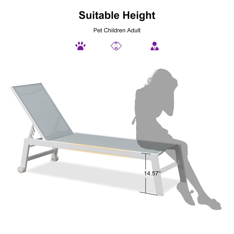 PURPLE LEAF Outdoor Chaise Lounge Chairs Set of 2 White Aluminum Lounge Chair Five-Position Adjustable Chaise with Wheels and Table for Pool Deck Patio