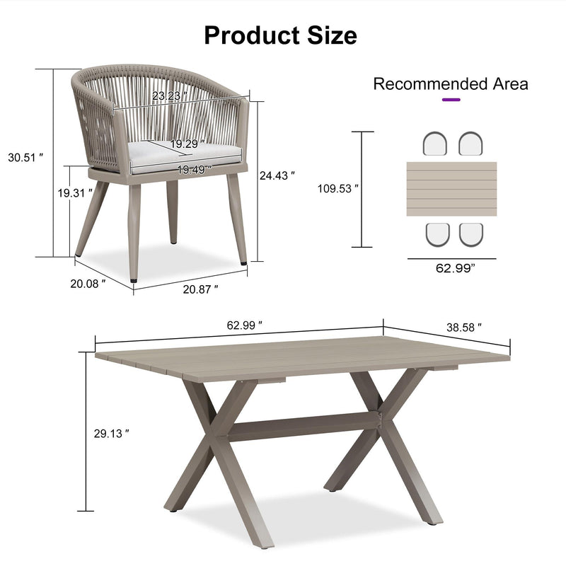 PURPLE LEAF Outdoor Dining Table Set All-Weather Aluminum with Wood Grain Table and Rope Woven Chairs Includes Backyard Patio Cushions