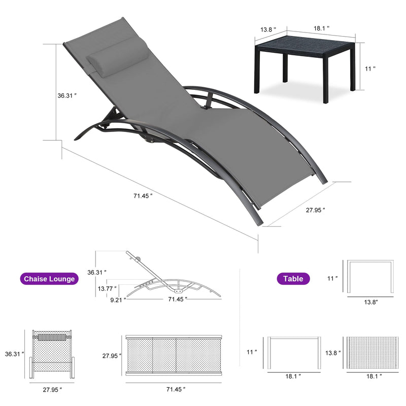 OPEN BOX I PURPLE LEAF Patio Chaise Lounge Set Outdoor Beach Pool Sunbathing Lawn Lounger Recliner Chair Outside Chairs with Side Table Included