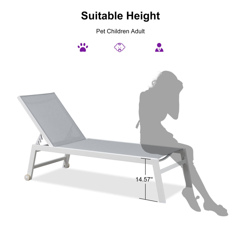 PURPLE LEAF Outdoor Chaise Lounge Chairs Set of 2 White Aluminum Lounge Chair Five-Position Adjustable Chaise with Wheels and Table for Pool Deck Patio