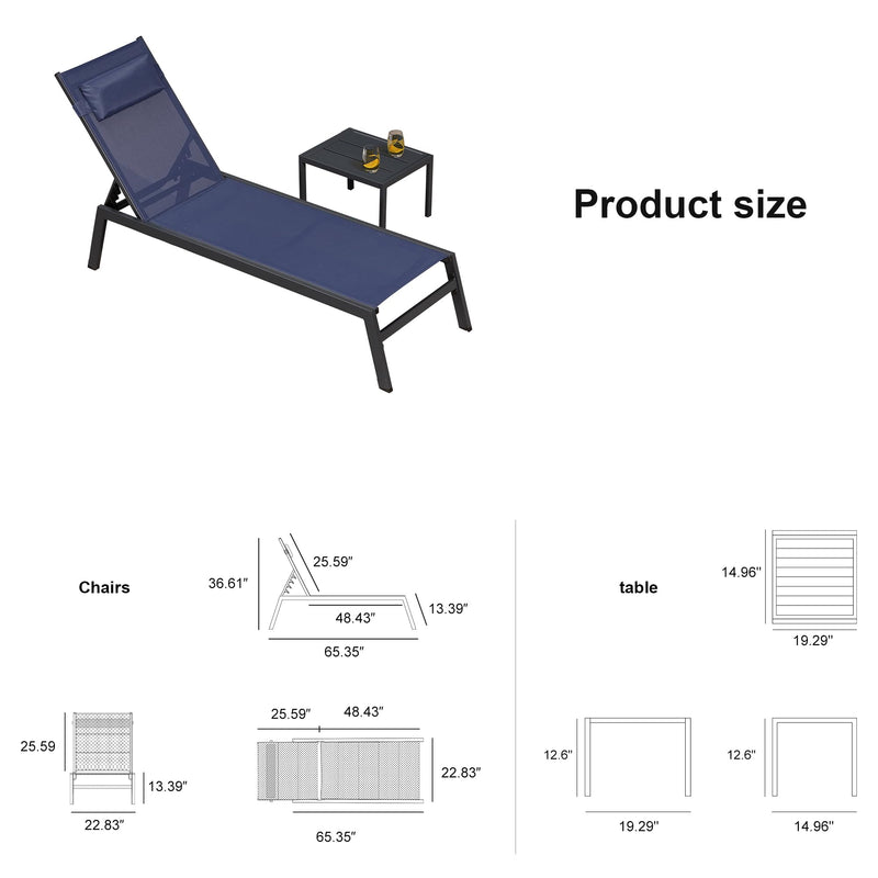 PURPLE LEAF Lounge Chair Set for Outside Aluminum Patio Recliner with Side Table and Pillow Beach Sunbathing Tanning Chairs Pool Chaise Lounger Outdoor