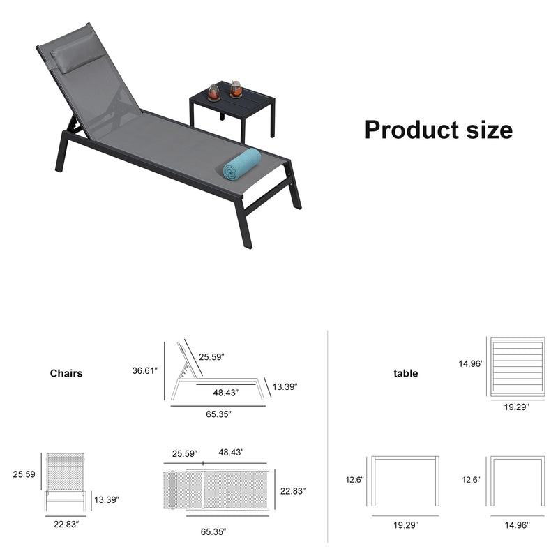 PURPLE LEAF Lounge Chair Set for Outside Aluminum Patio Recliner with Side Table and Pillow Beach Sunbathing Tanning Chairs Pool Chaise Lounger Outdoor