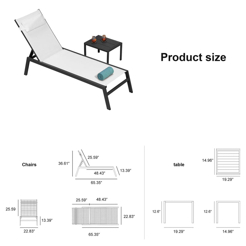 PURPLE LEAF Lounge Chair Set for Outside Aluminum Patio Recliner with Side Table and Pillow Beach Sunbathing Tanning Chairs Pool Chaise Lounger Outdoor