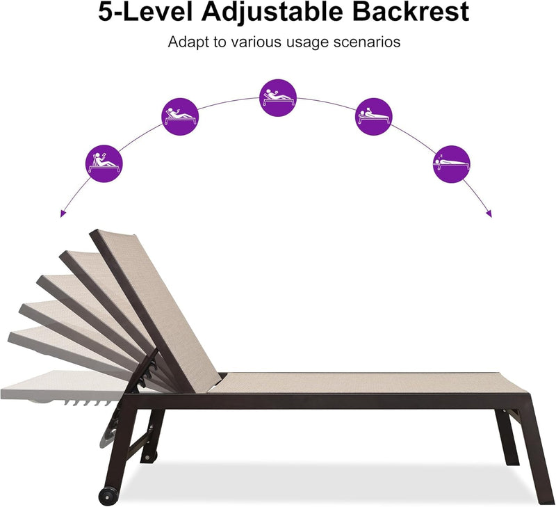 PURPLE LEAF Oversize Outdoor Chaise Lounge Set with Side Table, All Aluminum Frame with Wheels and Adjustable Backrest. Perfect for Patio Pool