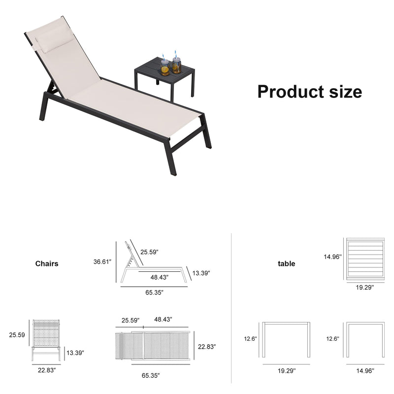 PURPLE LEAF Lounge Chair Set for Outside Aluminum Patio Recliner with Side Table and Pillow Beach Sunbathing Tanning Chairs Pool Chaise Lounger Outdoor