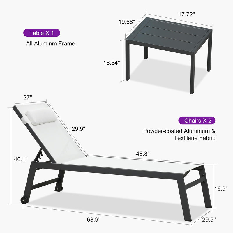 PURPLE LEAF Lounge Chair Set for Outside Aluminum Patio Recliner with Side Table and Pillow Beach Sunbathing Tanning Chairs Pool Chaise Lounger Outdoor