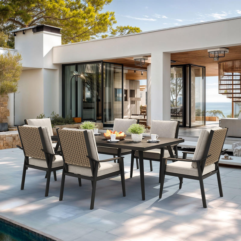 PURPLE LEAF Outdoor Dining Set with 1.57" Umbrella Hole and Thick Cushion Heavy-Duty Metal Patio Dining Furniture Set with Table and  Wicker Chairs for Lawn Garden Backyard Deck