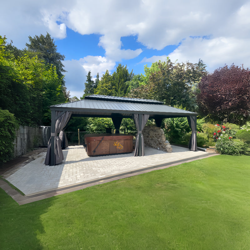 PURPLE LEAF Patio Gazebo for Backyard Grey Hardtop Galvanized Steel Roof Awning with Upgrade Curtain