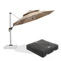 PURPLE LEAF Cantilever Patio Umbrella with tan double canopy, black base, and silver support structure