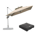 PURPLE LEAF tan large square double top cantilever patio umbrella with base.