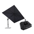 PURPLE LEAF black rectangular cantilever patio umbrella tilted, with weighted base.