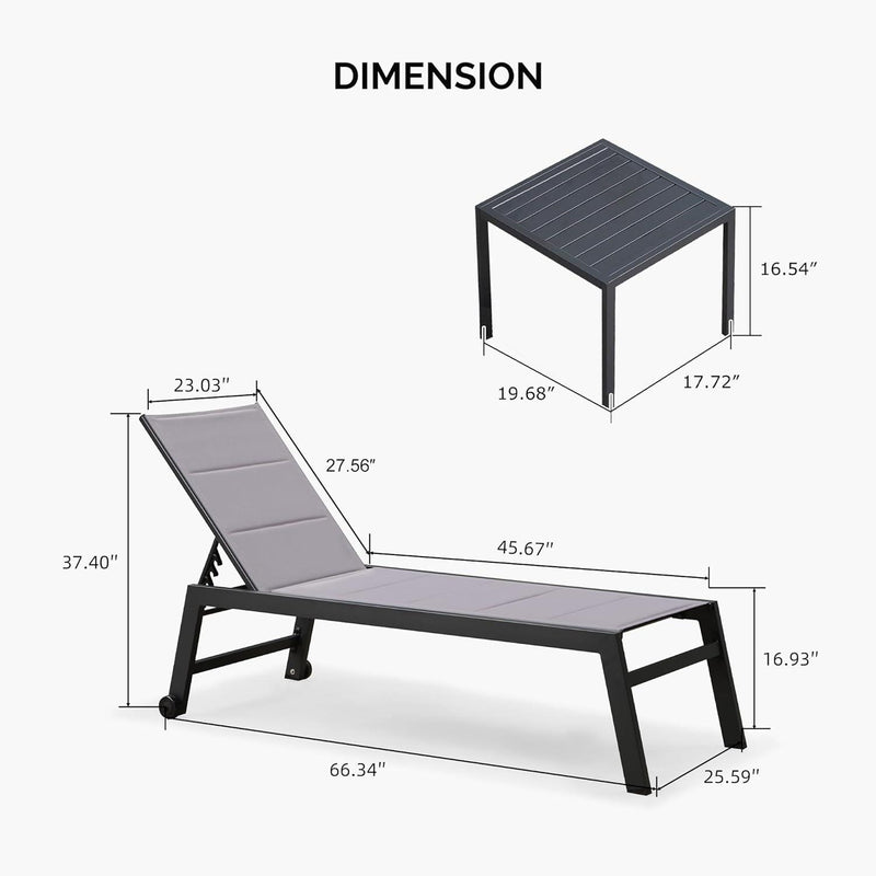 PURPLE LEAF Outdoor Chaise Lounge Aluminum with Side Table and Wheels Reclining Chair