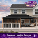 PURPLE LEAF Sunroom Hardtop Gazebo with Wood Grain Columns Black Frame Double Roof Galvanized Steel Solarium All-Weather Screen House