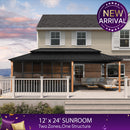 PURPLE LEAF Sunroom Hardtop Gazebo with Wood Grain Columns Black Frame Double Roof Galvanized Steel Solarium All-Weather Screen House
