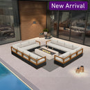 PURPLE LEAF Griffin black L-shaped patio conversation set, aluminum frame, cushions, fire pit.