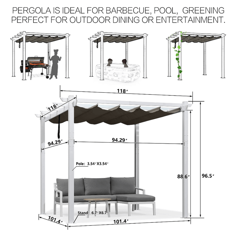Outdoor Retractable Pergola with Sun Shade Canopy Cover White