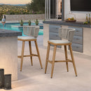 Modern outdoor bar stools set. Rattan woven back, aluminum frame, and cushioned seat.