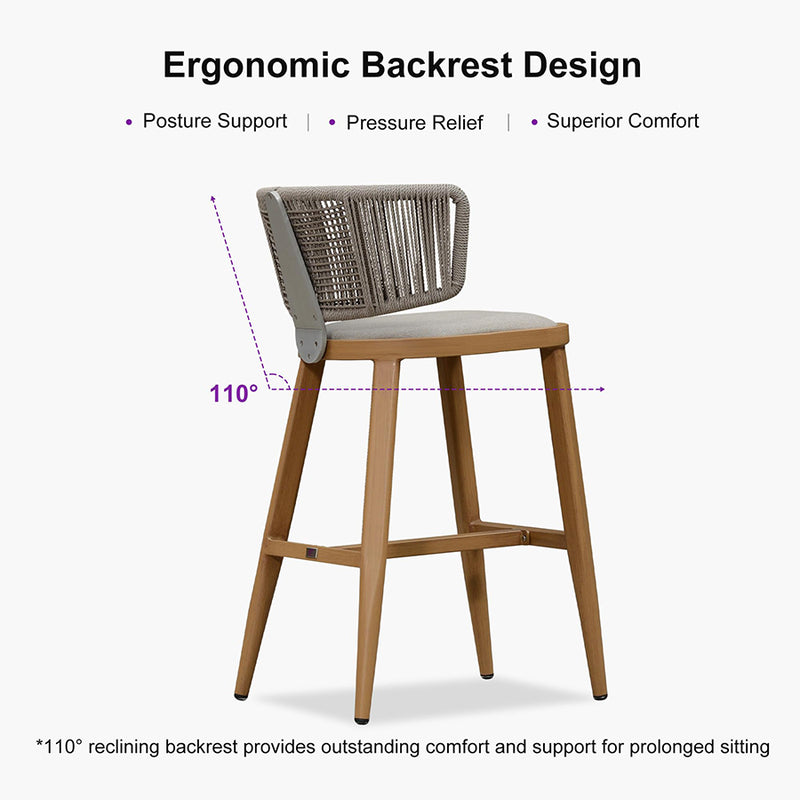 PURPLE LEAF Outdoor Bar Stool Set of 2 Modern Rattan Bar Chairs with Woven Rope Back Wicker Patio Barstools for Indoor Kitchen Garden