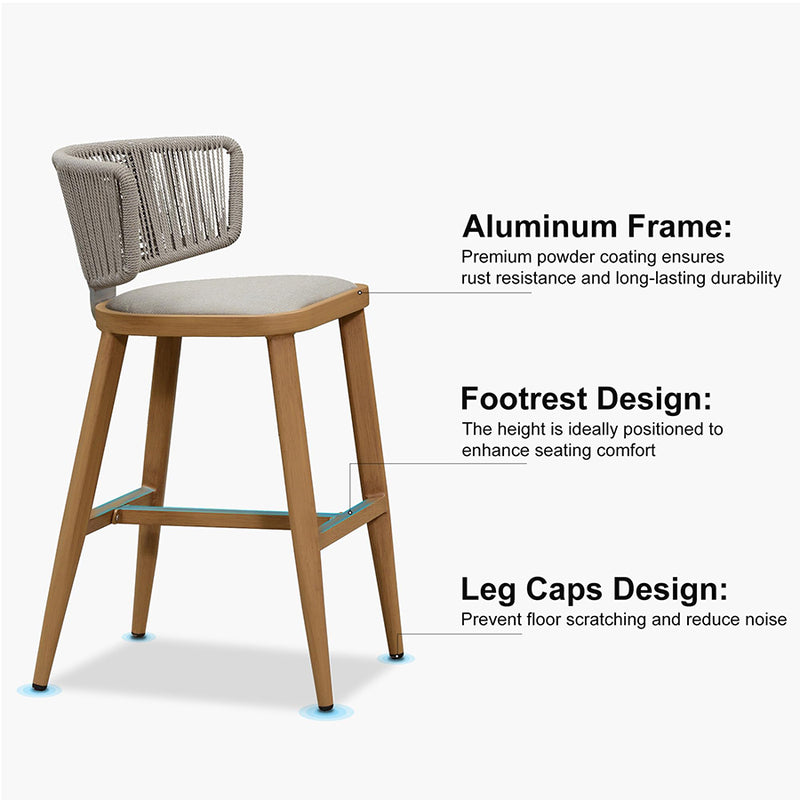 PURPLE LEAF Outdoor Bar Stool Set of 2 Modern Rattan Bar Chairs with Woven Rope Back Wicker Patio Barstools for Indoor Kitchen Garden