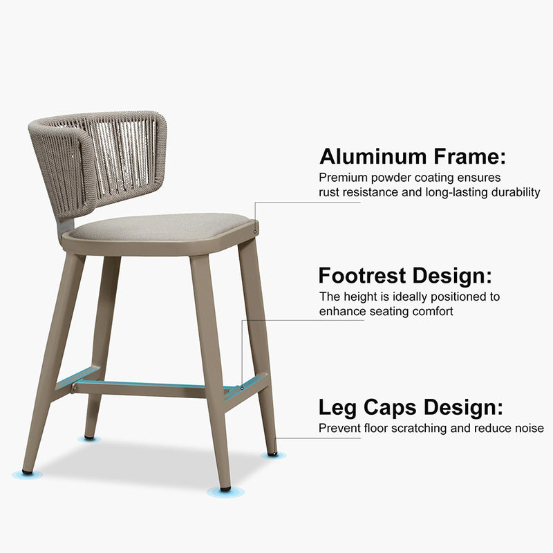 PURPLE LEAF Outdoor Bar Stool Set of 2 Modern Rattan Bar Chairs with Woven Rope Back Wicker Patio Barstools for Indoor Kitchen Garden