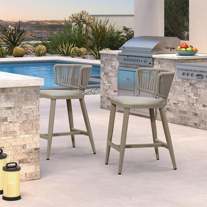 Modern outdoor bar stools set of 2, gray cushions, woven rope back, aluminum frame, by the pool