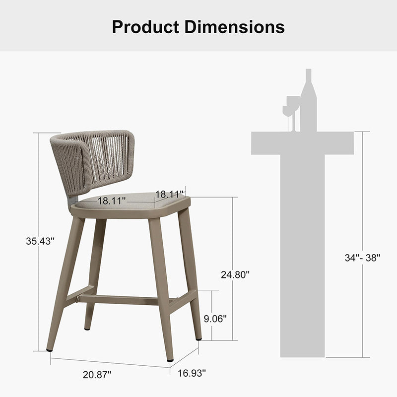 PURPLE LEAF Outdoor Bar Stool Set of 2 Modern Rattan Bar Chairs with Woven Rope Back Wicker Patio Barstools for Indoor Kitchen Garden