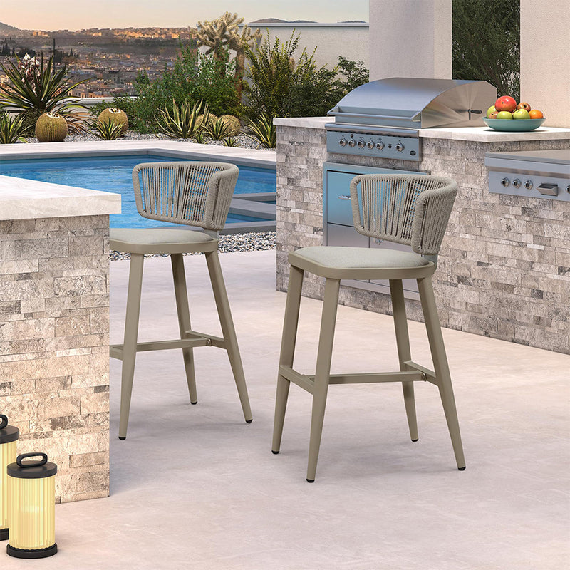 Outdoor bar stools set, woven rope back and cushioned seat, patio furniture