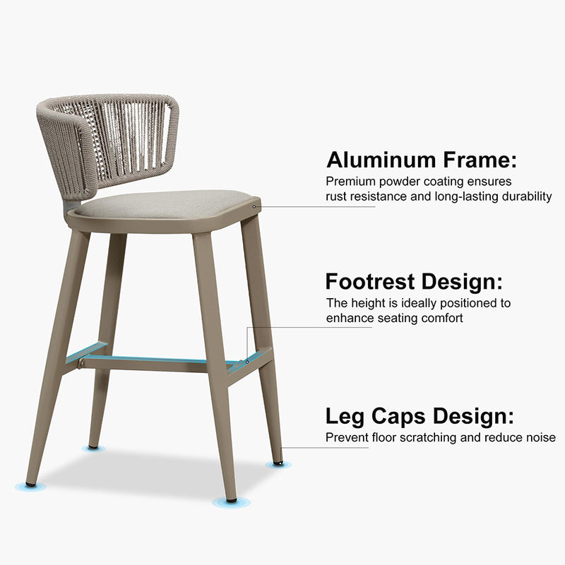 PURPLE LEAF Outdoor Bar Stool Set of 2 Modern Rattan Bar Chairs with Woven Rope Back Wicker Patio Barstools for Indoor Kitchen Garden