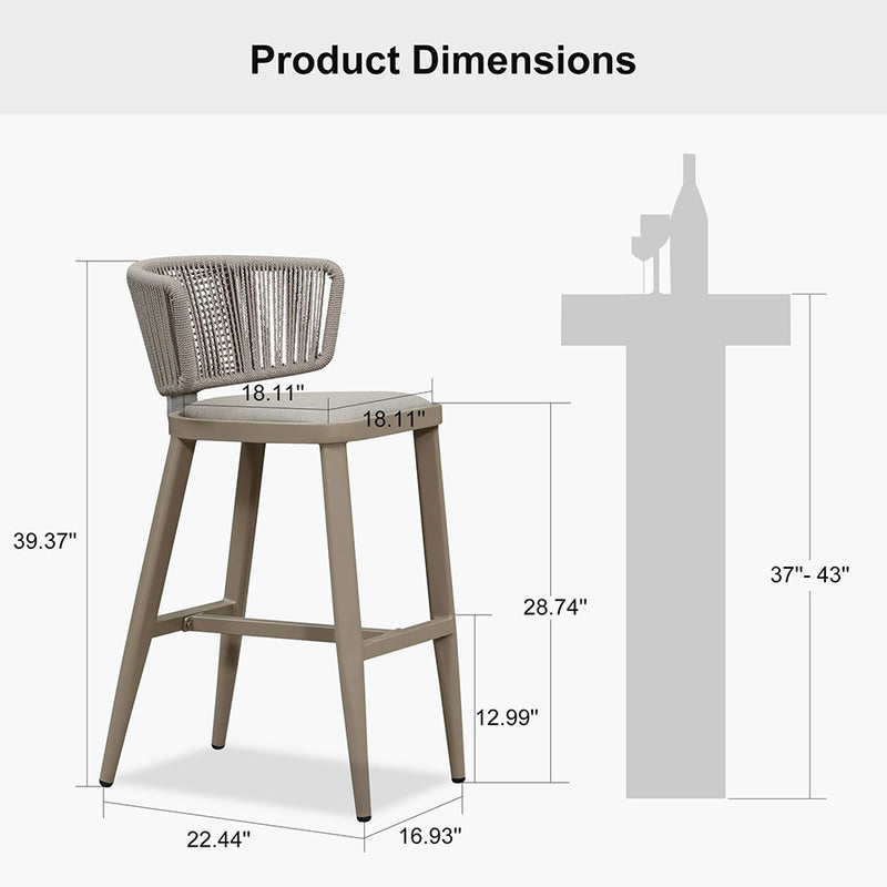 PURPLE LEAF Outdoor Bar Stool Set of 2 Modern Rattan Bar Chairs with Woven Rope Back Wicker Patio Barstools for Indoor Kitchen Garden