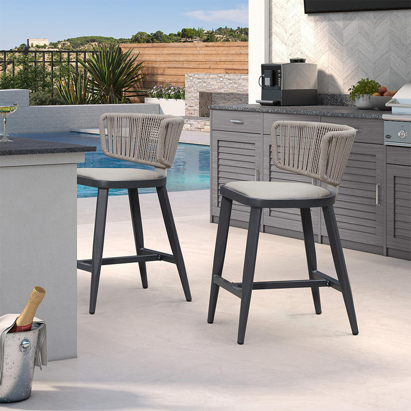 Modern outdoor bar stools set with woven rope back and cushioned seat, patio furniture