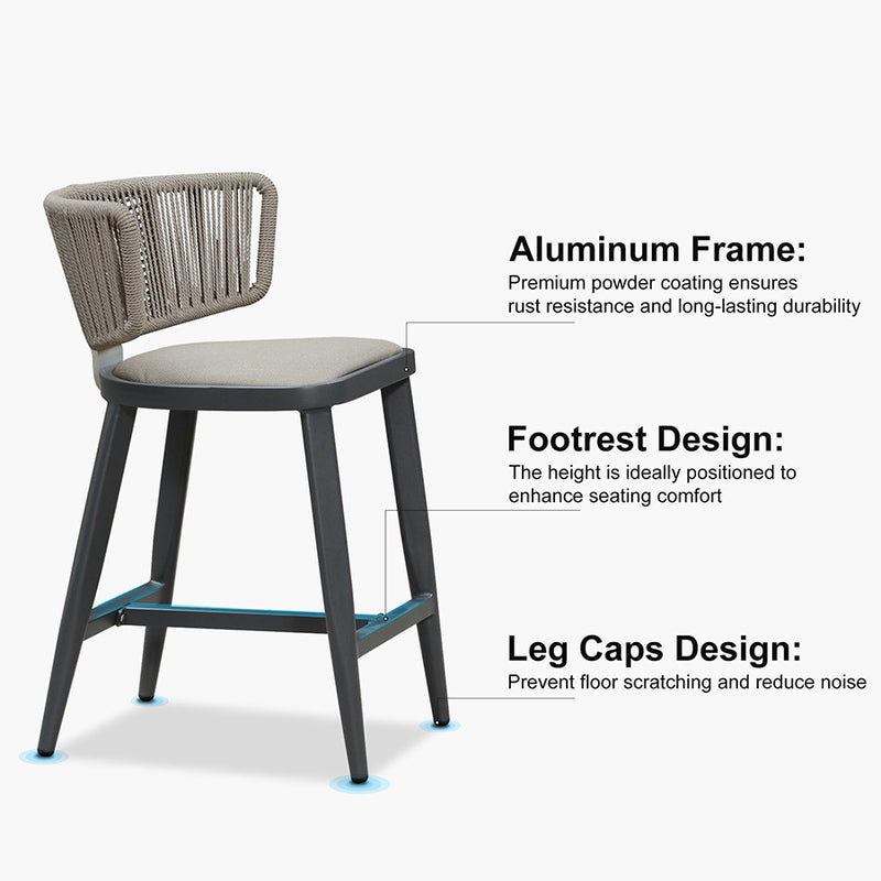 PURPLE LEAF Outdoor Bar Stool Set of 2 Modern Rattan Bar Chairs with Woven Rope Back Wicker Patio Barstools for Indoor Kitchen Garden