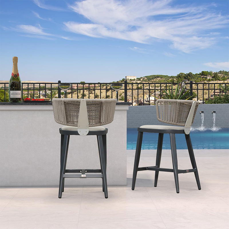 PURPLE LEAF Outdoor Bar Stool Set of 2 Modern Rattan Bar Chairs with Woven Rope Back Wicker Patio Barstools for Indoor Kitchen Garden