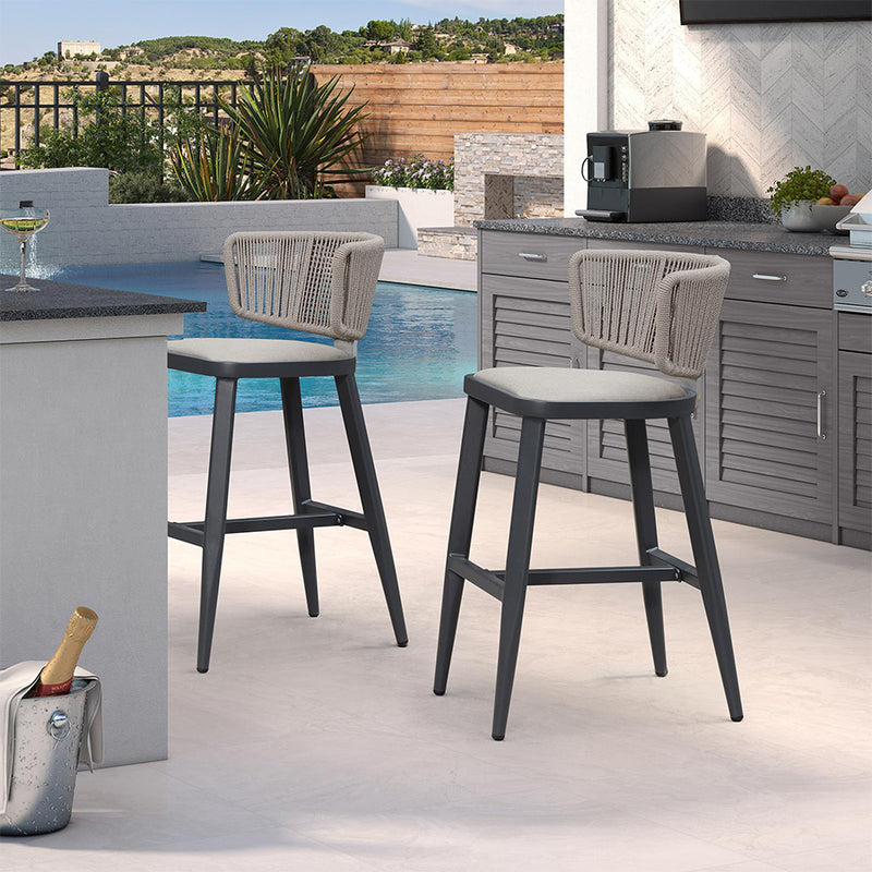 Modern outdoor bar stools set of 2 with woven rope back and cushioned seat, patio furniture
