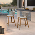 Modern outdoor bar stools set with woven rope back, wooden frame and cushioned seat, patio furniture