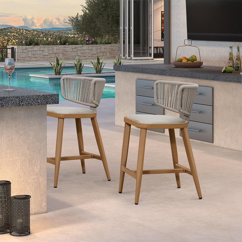 Modern outdoor bar stools set with woven rope back, wooden frame and cushioned seat, patio furniture